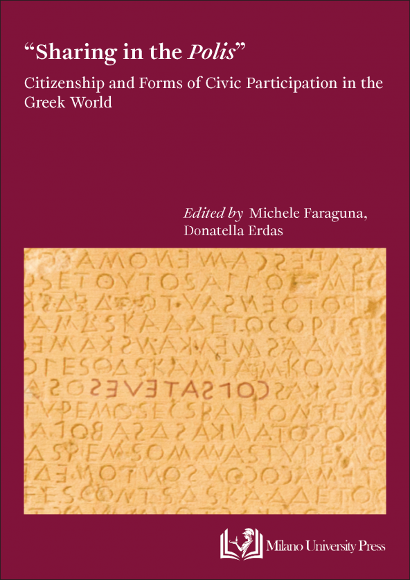 Copertina del volume con il titolo, i curatori e un dettaglio del Codice di Gortina (IC IV 72, col. ix, 450 a.C. circa), che offre una delle prime attestazioni del verbo politeuō (qui poliateuō), «essere cittadino»